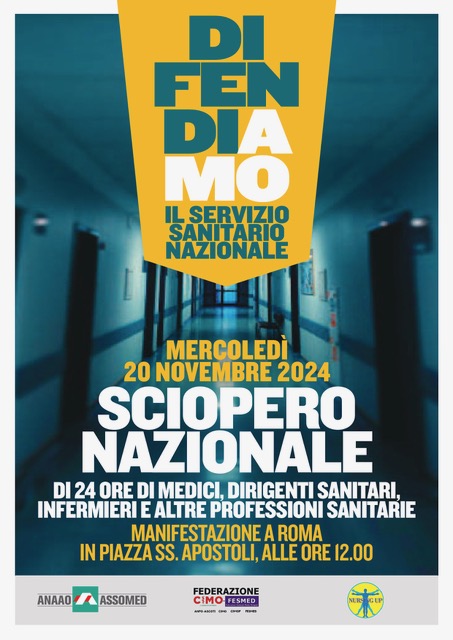 Mercoledì 20 novembre, sciopero generale di 24 ore di medici, dirigenti sanitari, infermieri e altre professioni sanitarie.