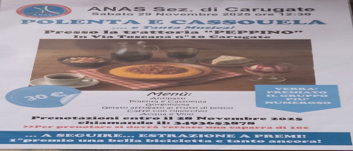 Carugate (MI) – il 29 novembre festa della Cassoeula per l’ANAS: Tradizione, Solidarietà e Memoria
