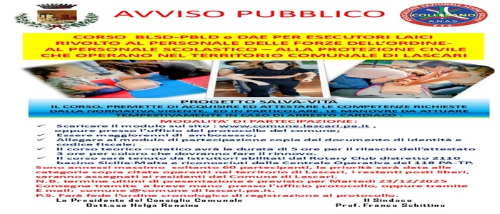 Corso BLSD, PBLSD e DAE rivolto al personale laico, con un focus sui destinatari indicati per il Comune di Lascari. ​