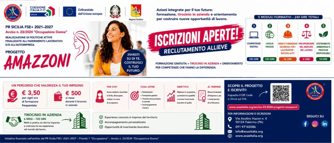 Progetto “AMAZZONI”, aperte le iscrizioni: formazione gratuita e tirocini per favorire l’occupazione femminile